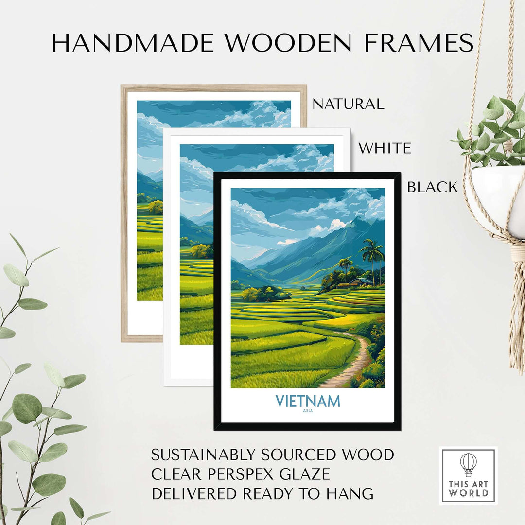 Handmade wooden frames in natural, white, and black for Vietnam art print, sustainably sourced wood, delivered ready to hang.