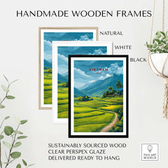 Vietnam Travel Poster in handmade wooden frames, showcasing vibrant landscapes and rich culture of Vietnam.