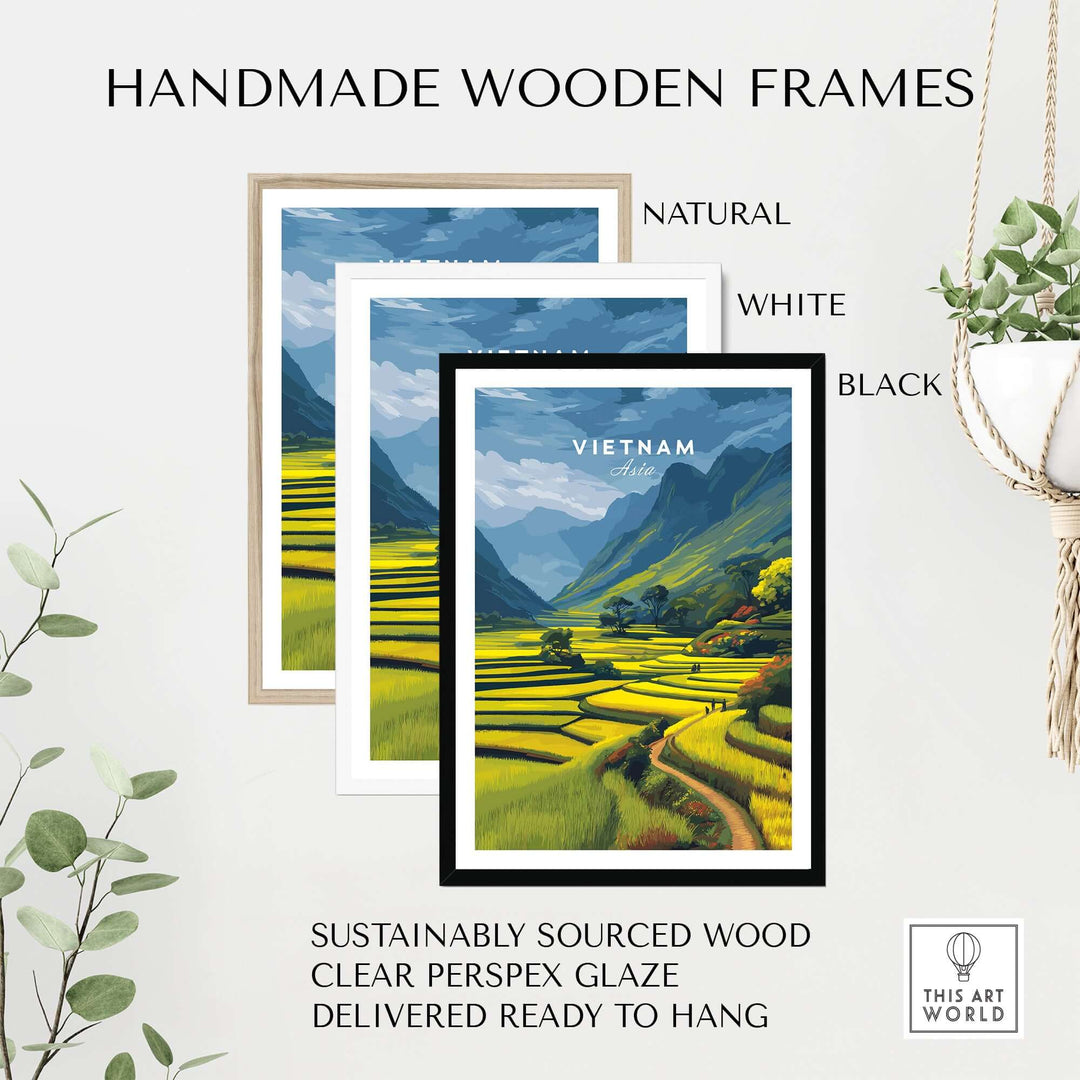 Handmade wooden frames in natural, white, and black for Vietnam rice terraces print, featuring sustainably sourced wood.