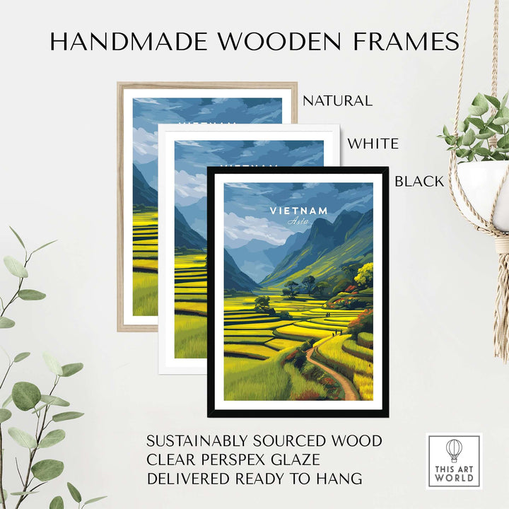 Handmade wooden frames in natural, white, and black for Vietnam rice terraces print, featuring sustainably sourced wood.