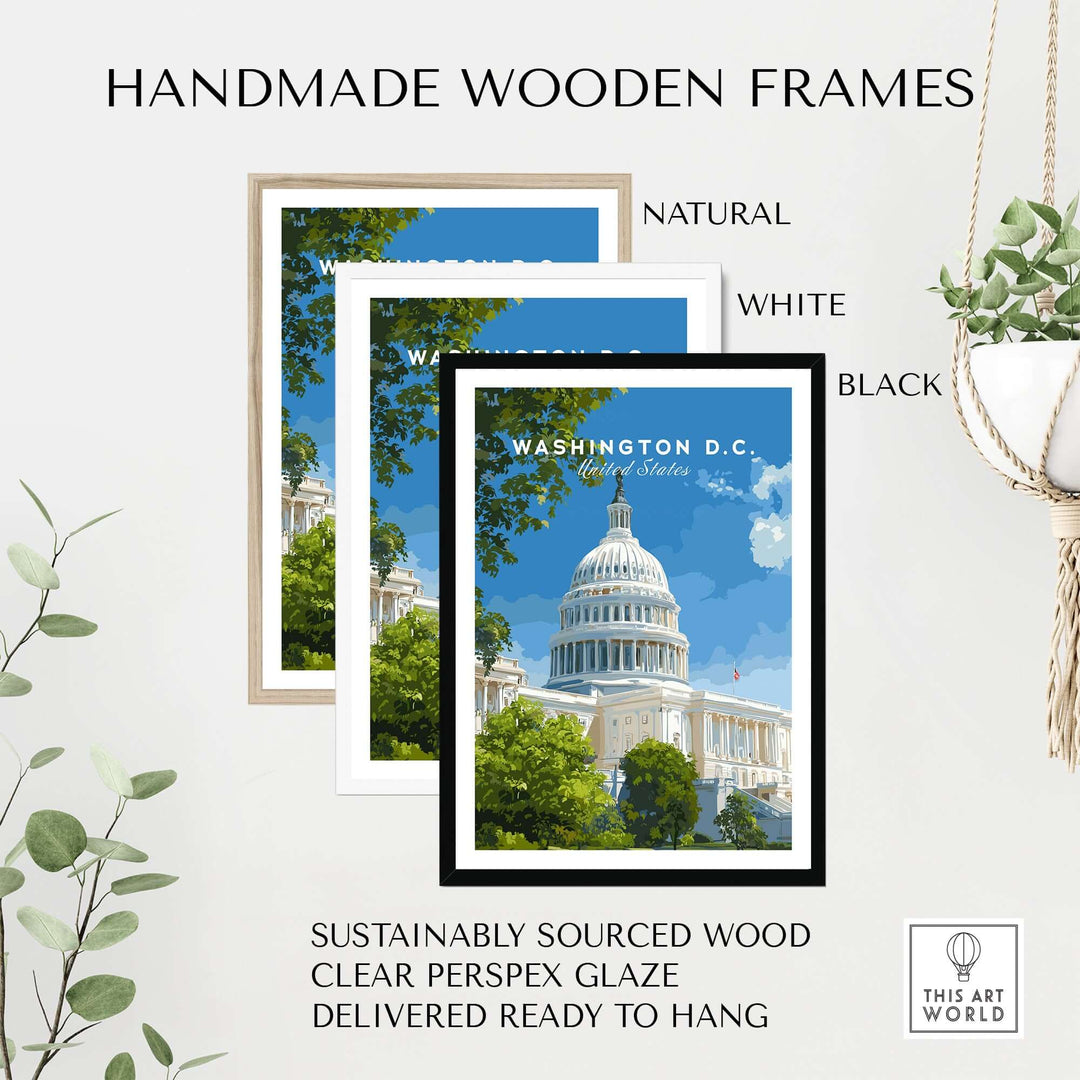 Three handmade wooden frames in natural, white, and black colors featuring a Washington D.C. Capitol Building print.