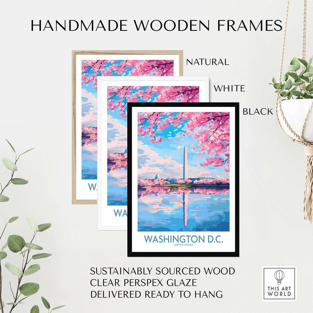 Handmade wooden frames in natural, white, and black, showcasing Washington D.C. travel print with pink cherry blossoms.