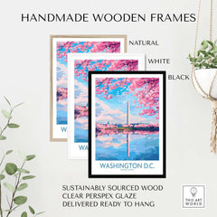 Washington D.C. Wall Art - Travel Print displayed in handmade wooden frames with natural, white, and black options.