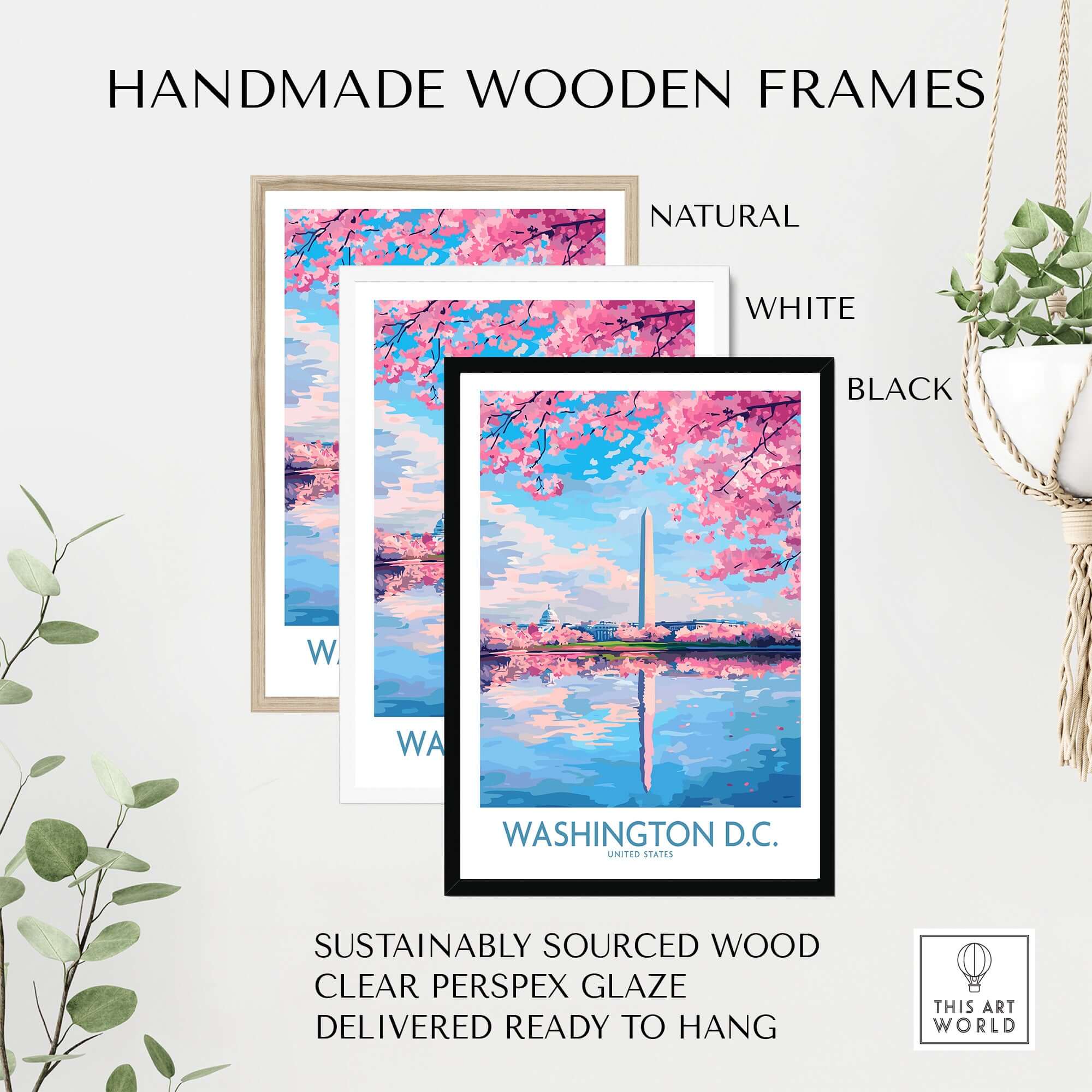 Washington D.C. Wall Art - Travel Print displayed in handmade wooden frames with natural, white, and black options.