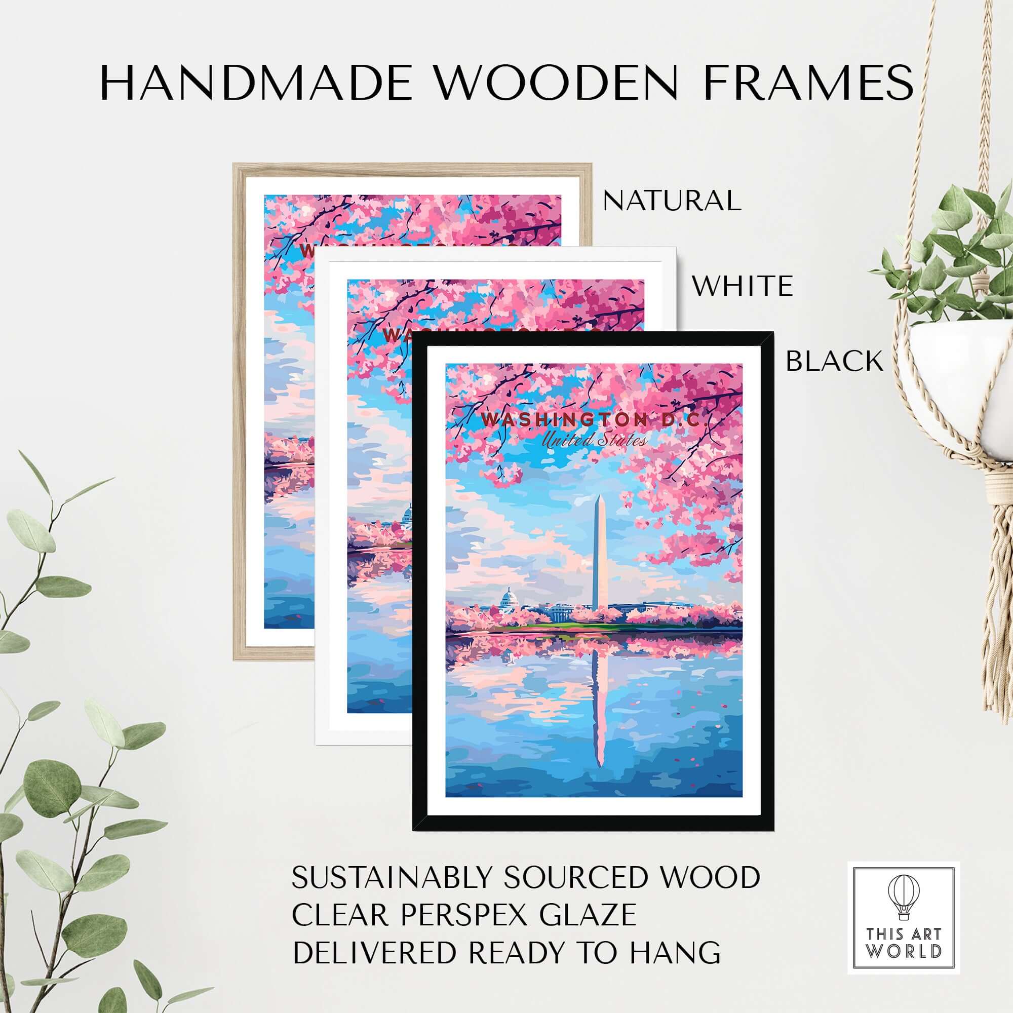 Handmade wooden frames in natural, white, and black for Washington D.C. Cherry Blossom Poster - Jefferson Memorial Print.