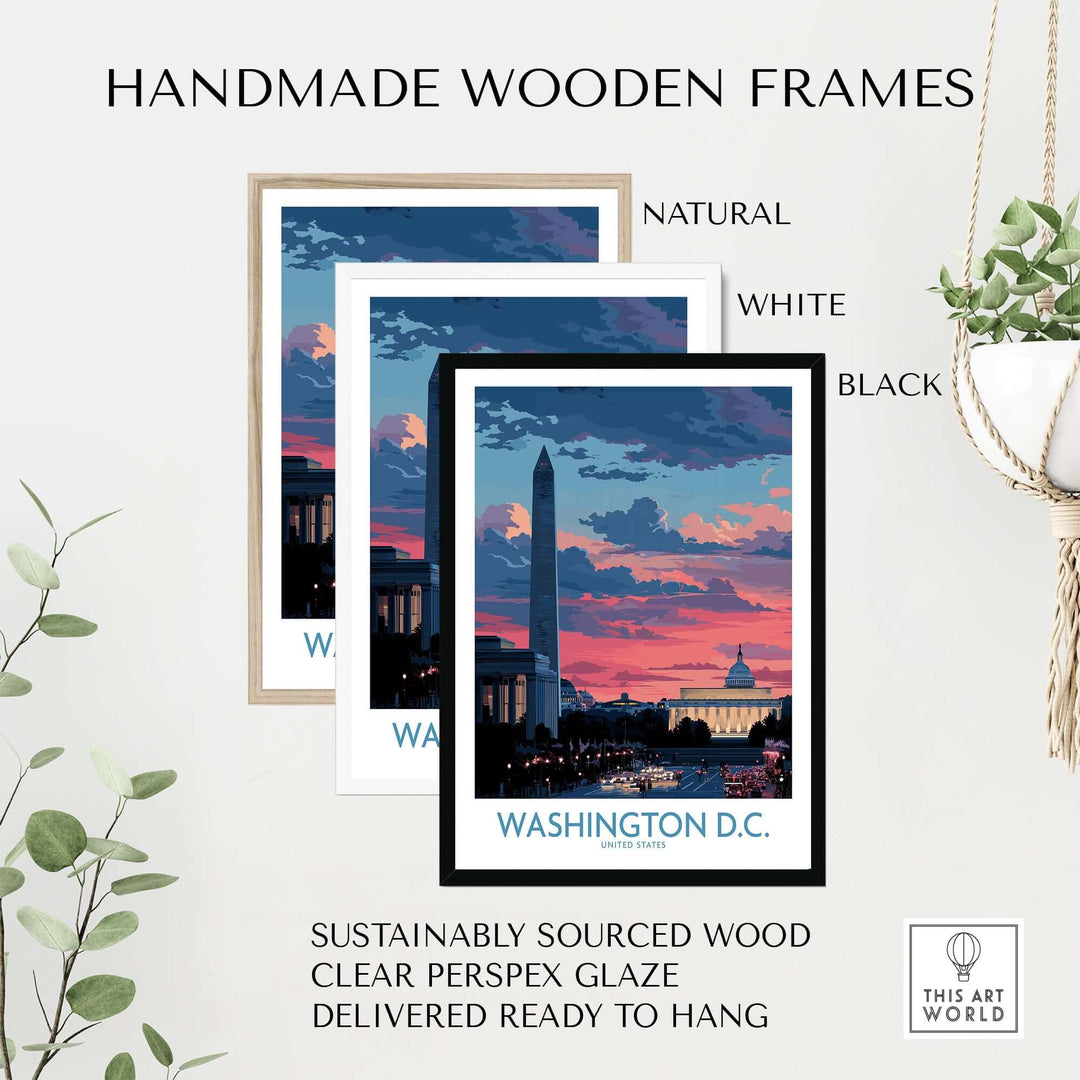 Handmade wooden frames in natural, white, and black for Washington D.C. sunset art, sustainably sourced and ready to hang.