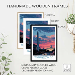 Washington D.C. Wall Art - Vibrant Urban Sunset Print framed in natural, white, and black handmade wooden frames.