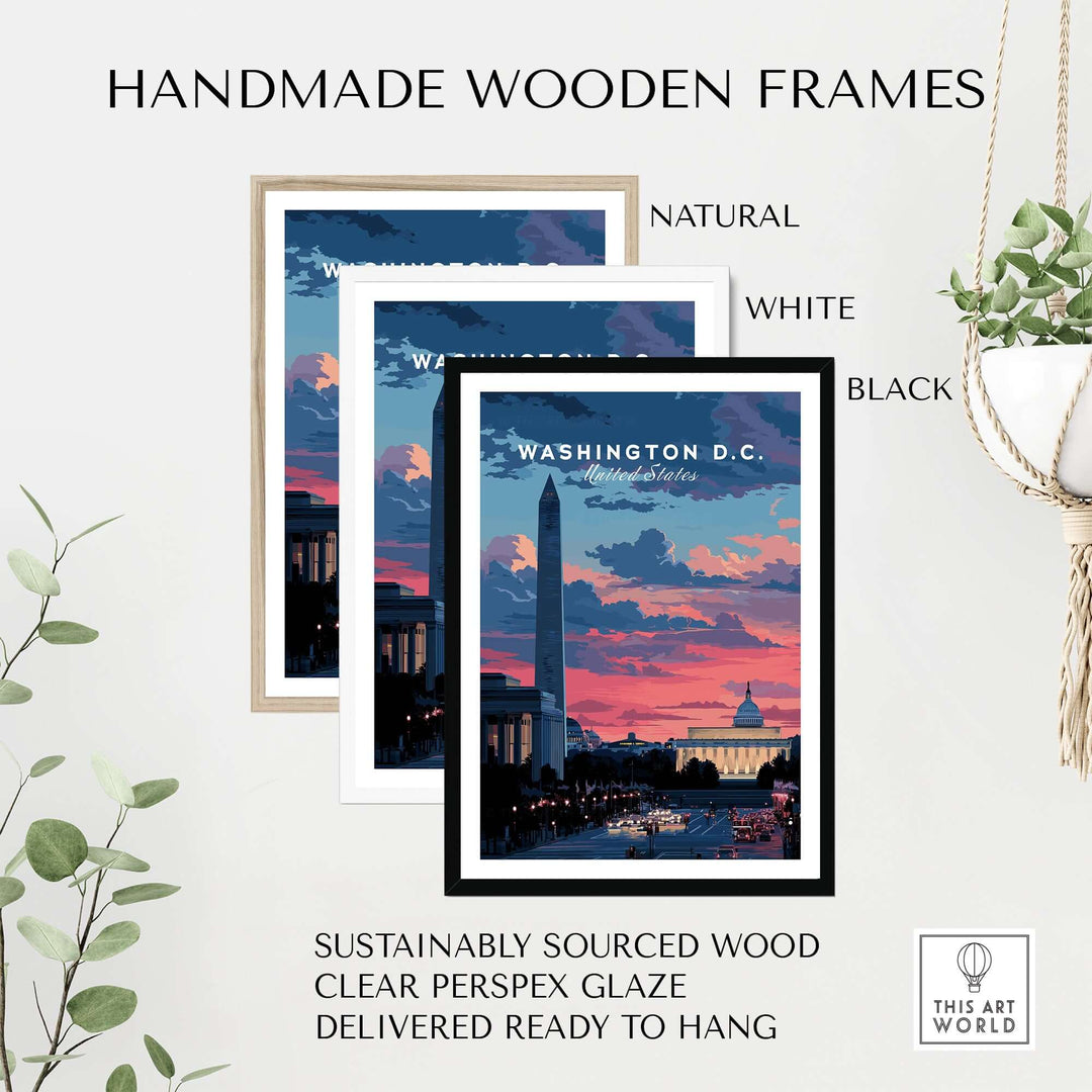 Handmade wooden frames in natural, white, and black with Washington D.C. sunset poster ready to hang.