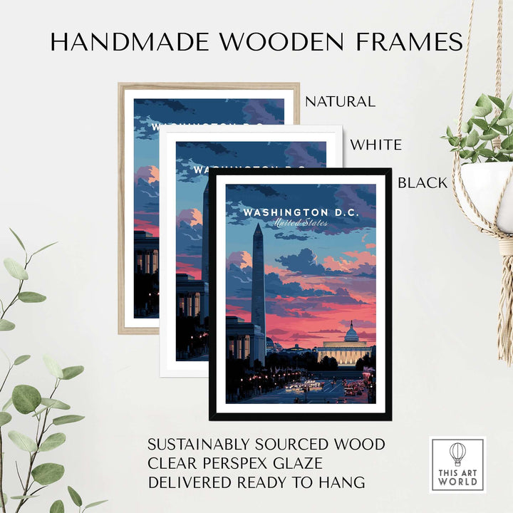 Handmade wooden frames in natural, white, and black with Washington D.C. sunset poster ready to hang.