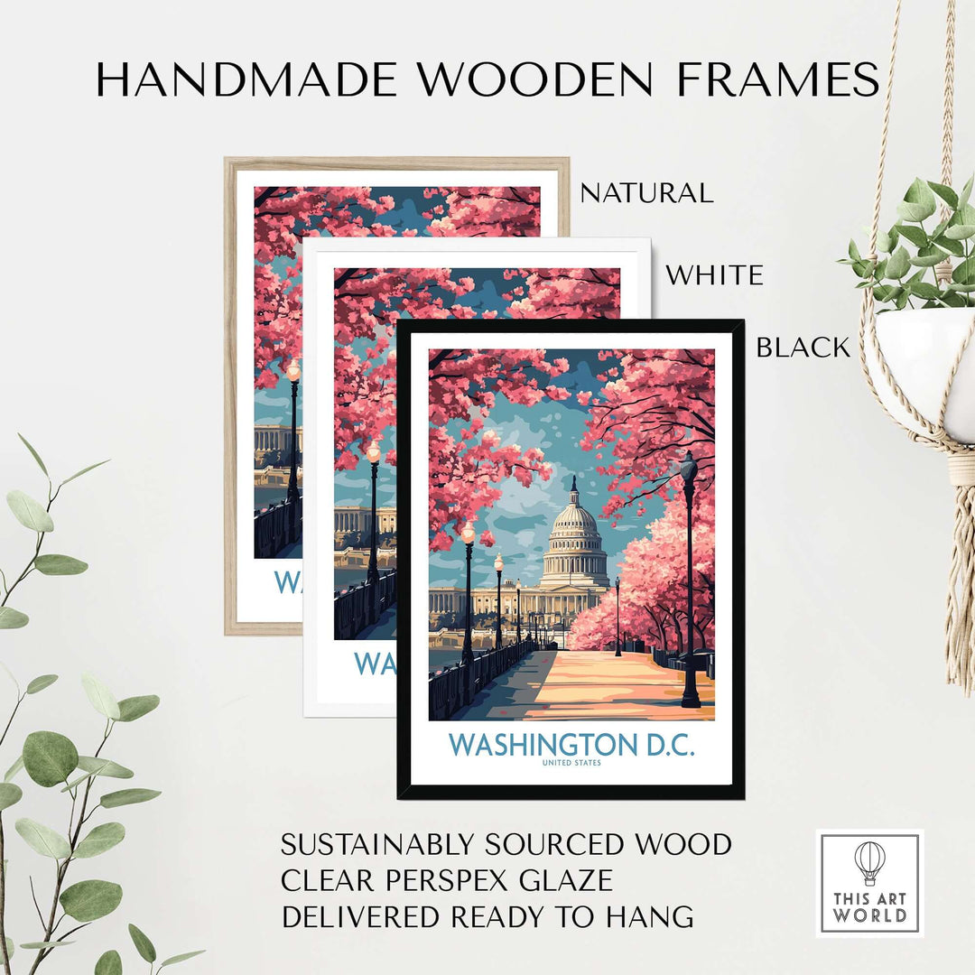 Handmade wooden frames featuring Washington D.C. artwork with cherry blossoms, available in natural, white, and black finishes.