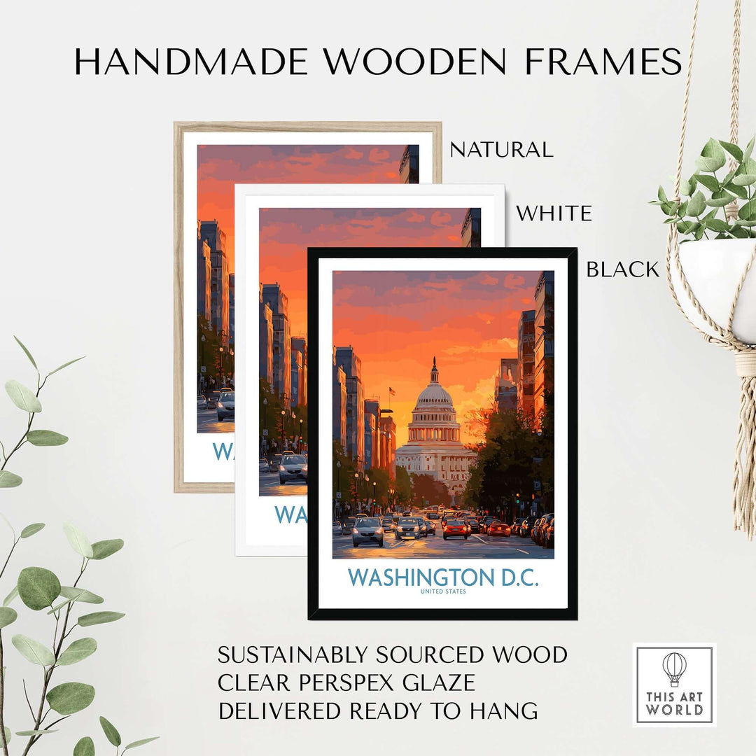 Handmade wooden frames in natural, white, and black for Washington D.C. cityscape poster, ready to hang.