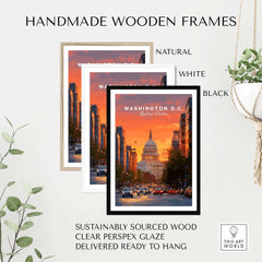 Washington D.C. Capitol Building Sunset Print - American Landmark Wall Art in three handmade wooden frames.