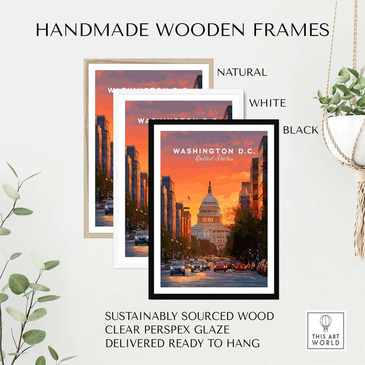 Handmade wooden frames in natural, white, and black for Washington D.C. Capitol Building sunset print, sustainably sourced wood.