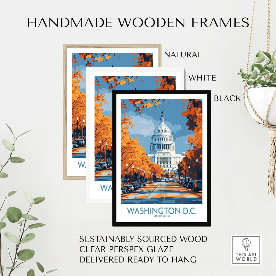 Handmade wooden frames in natural, white, and black for Washington D.C. Capitol Building poster decor.