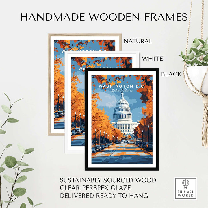 Handmade wooden frames in natural, white, and black for Washington D.C. Autumn Capitol View print art.