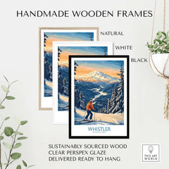 Handmade wooden frames in natural, white, and black for Whistler Ski Print, featuring clear perspex glaze and ready to hang.