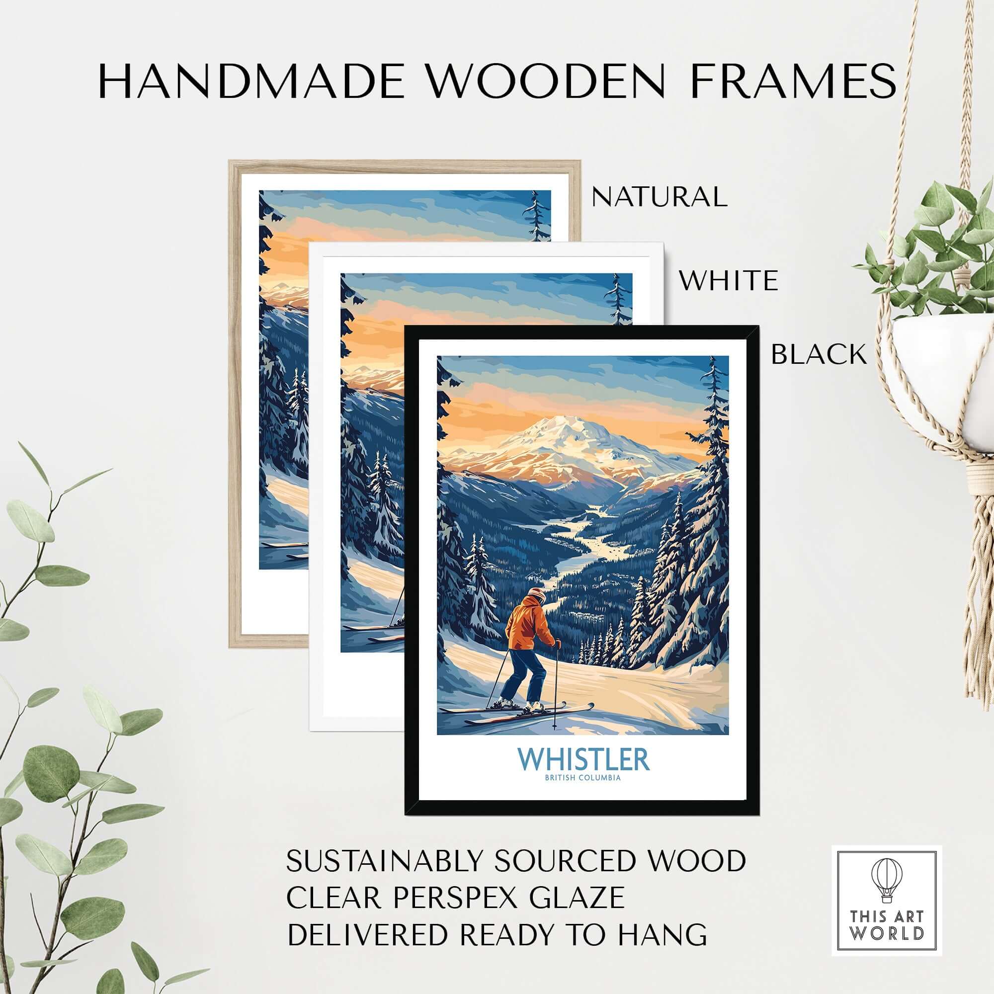 Handmade wooden frames in natural, white, and black for Whistler Ski Print, featuring clear perspex glaze and ready to hang.