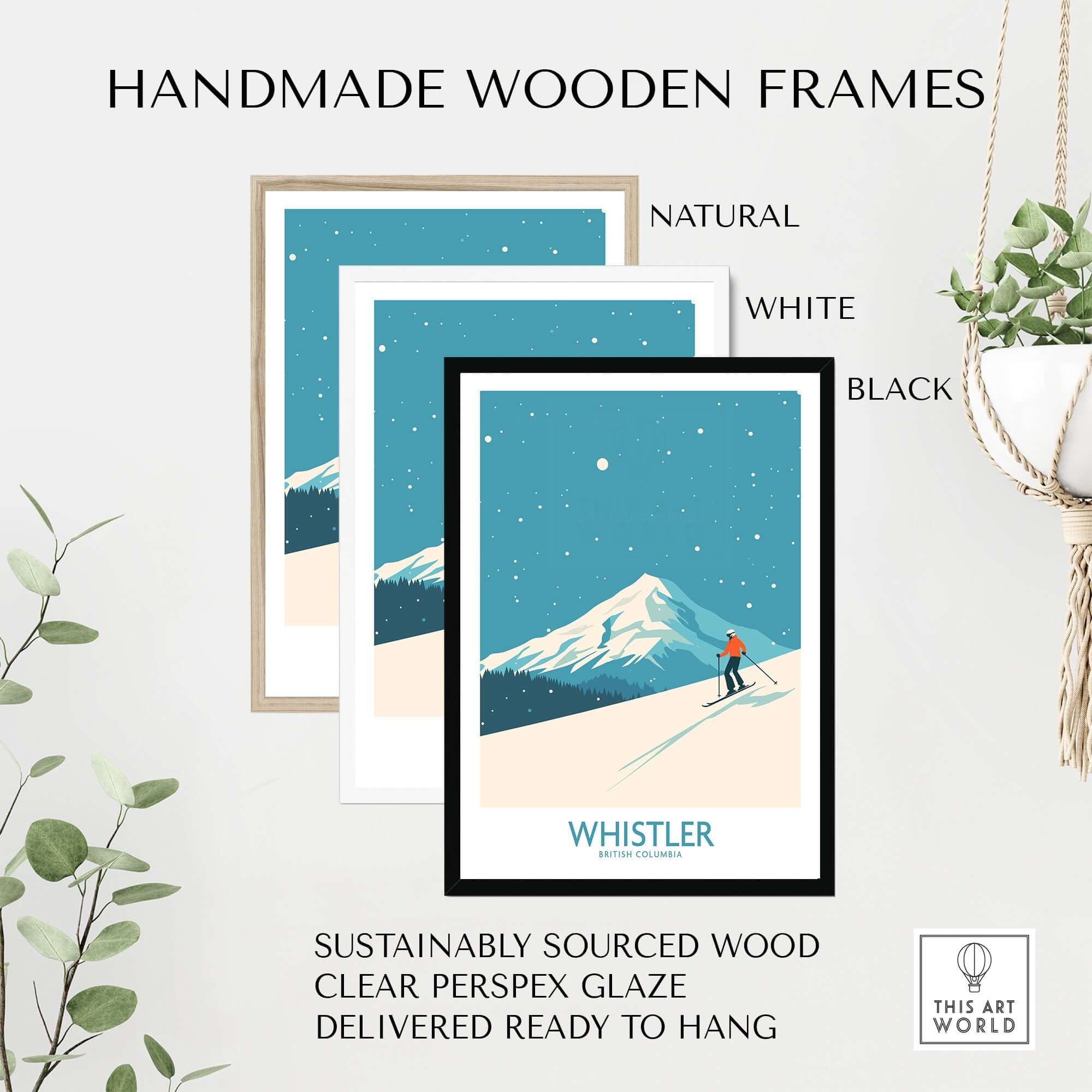 Handmade wooden frames for Whistler Wall Art Print in natural, white, and black finishes, made from sustainably sourced wood.