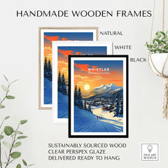 Handmade wooden frames in natural, white, and black styles showcasing a Whistler ski print, ready to hang.