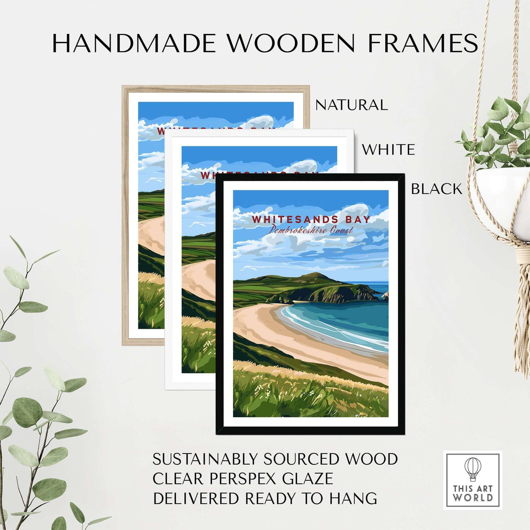 Whitesands Bay Coastal View Poster in handmade wooden frames: black, white, natural. Sustainable wood, ready to hang wall art.