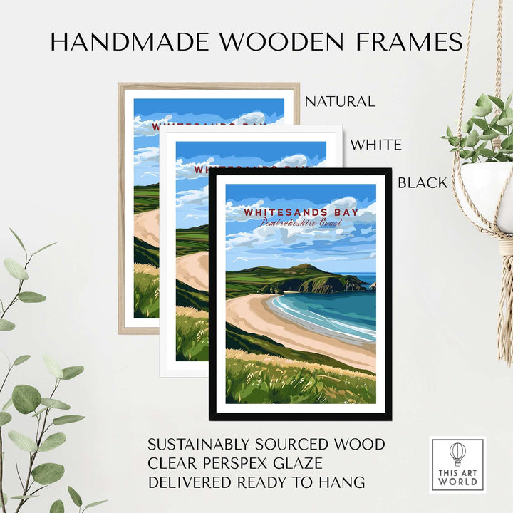 Whitesands Bay Coastal View Poster in handmade wooden frames: black, white, natural. Sustainable wood, ready to hang wall art.