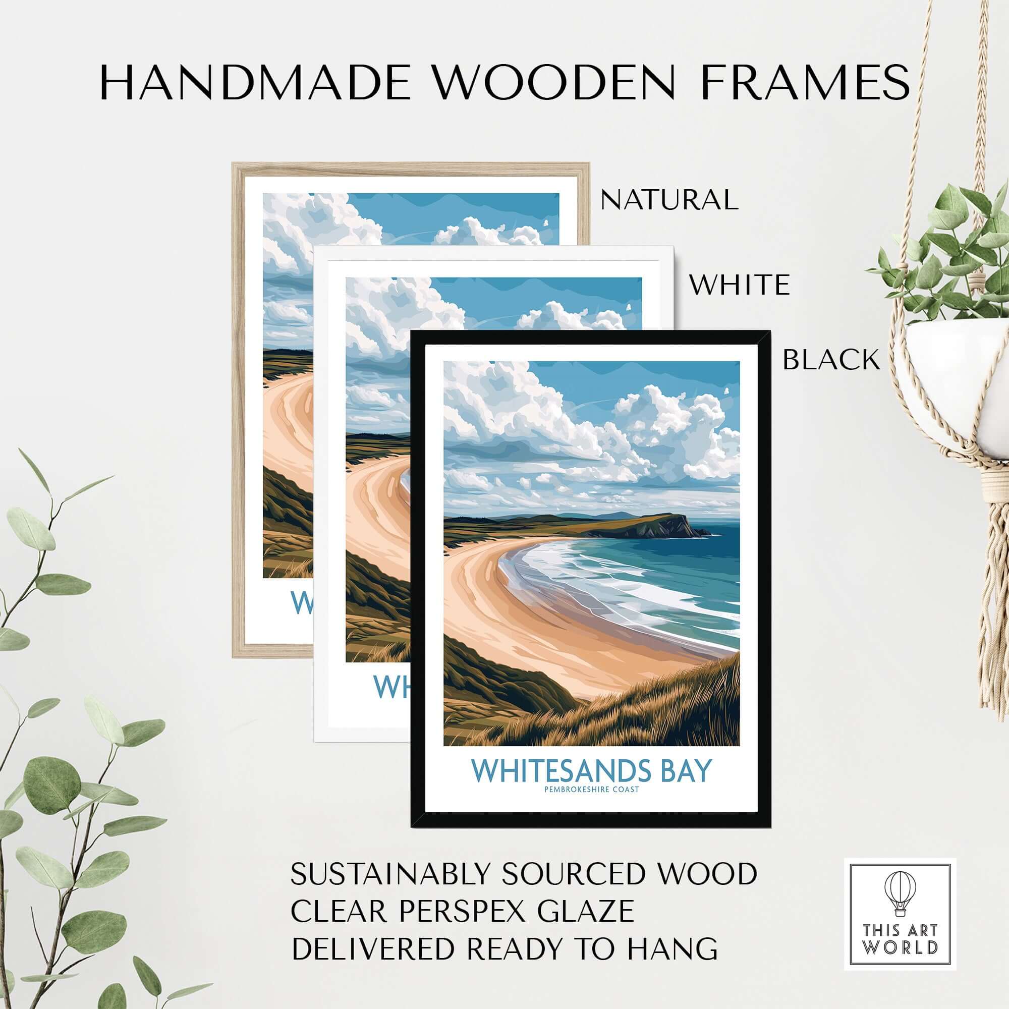 Handmade wooden frames for Whitesands Bay Pembrokeshire Grassy Dunes Poster - Pembrokeshire Travel Decor in natural, white, and black.