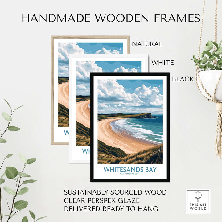 Whitesands Bay poster featured in handmade wooden frames in natural, white, and black finishes, ready to hang decor.