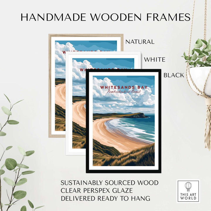 Handmade wooden frames in natural, white, and black colors for Whitesands Bay coastal print.