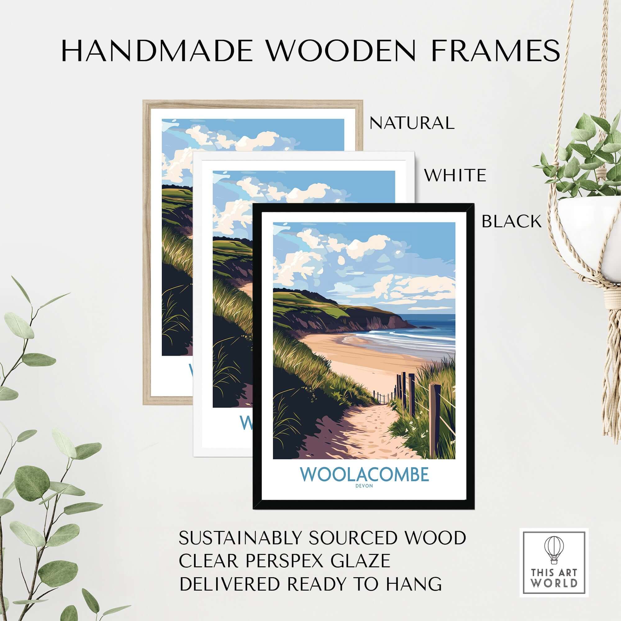Woolacombe Devon Dunes to Ocean Poster - English Seaside Decor in handmade wooden frames.