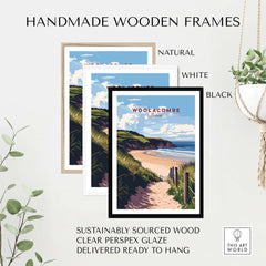 Woolacombe Beach Path Print - Coastal Devon Wall Art displayed in handmade wooden frames in natural, white, and black finishes.