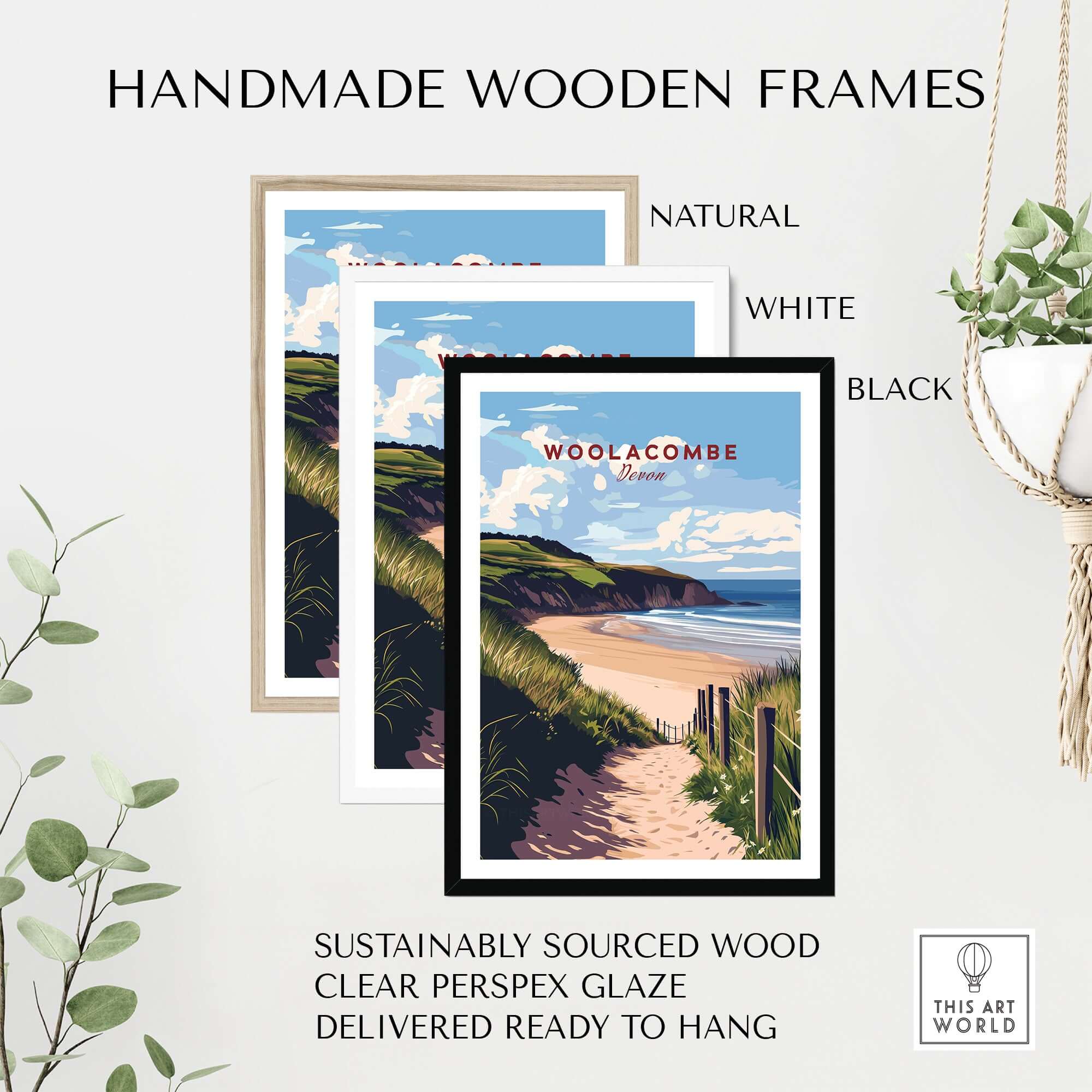 Woolacombe Beach Path Print - Coastal Devon Wall Art displayed in handmade wooden frames in natural, white, and black finishes.