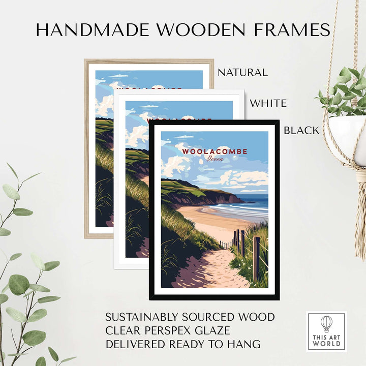Handmade wooden frames for Woolacombe Beach Path Print in natural, white, and black finishes, ready to hang.