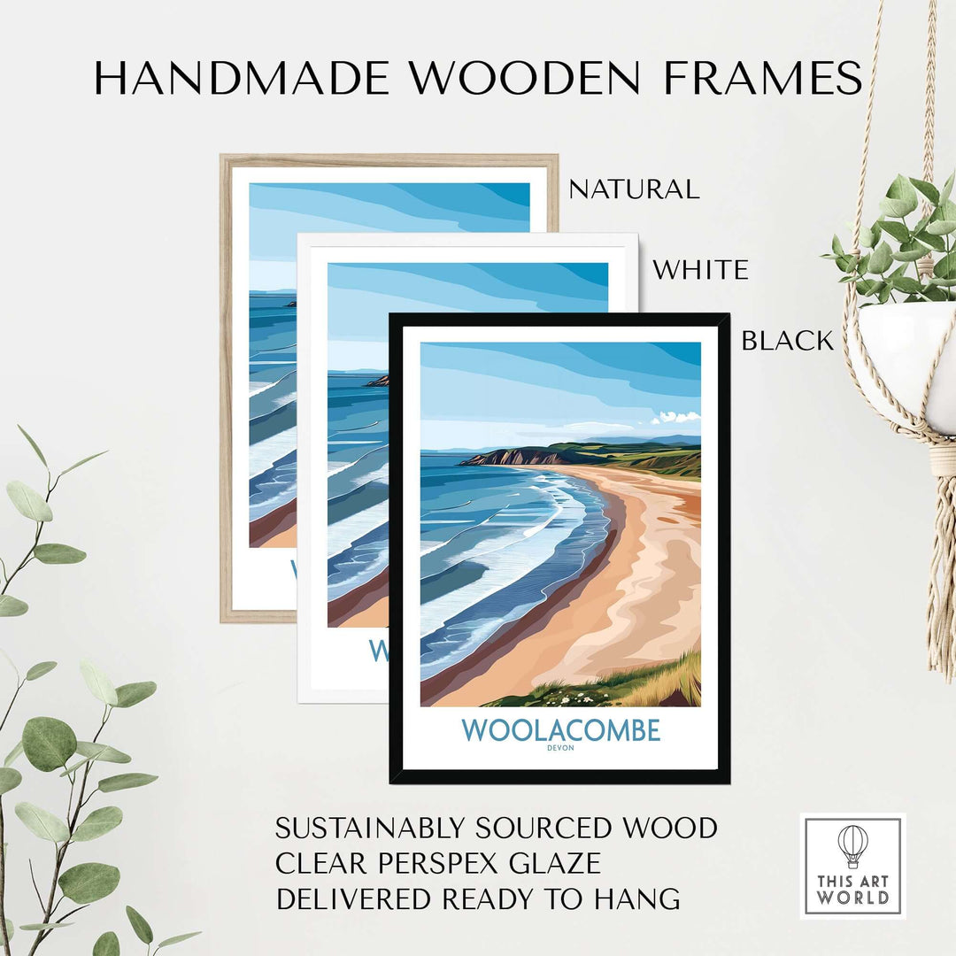 Handmade wooden frames in natural, white, and black for Woolacombe wall art, sustainably sourced and ready to hang.