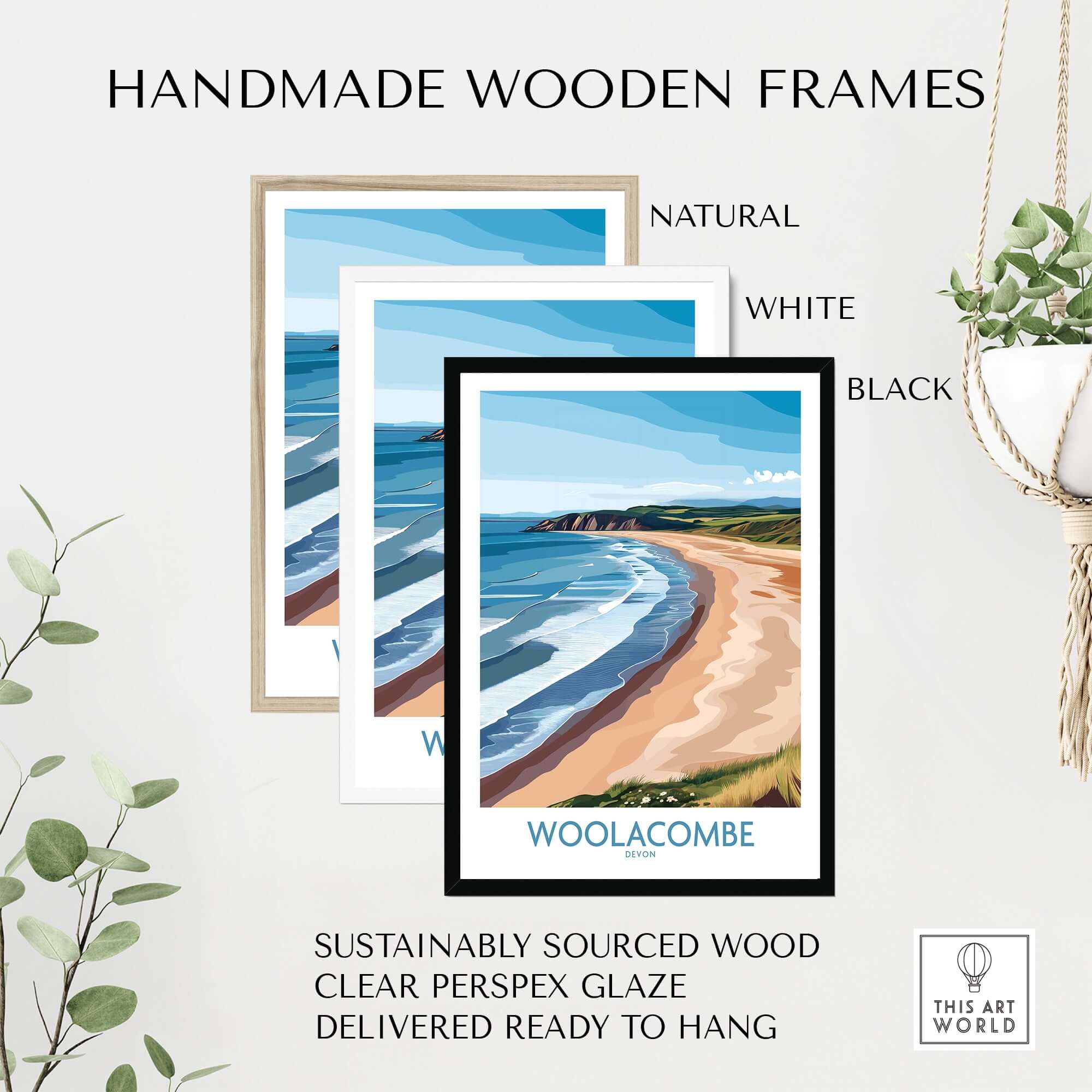 Woolacombe Devon Coastal Cliffs Wall Art - UK Travel Destination Decor framed in three styles: natural, white, and black.
