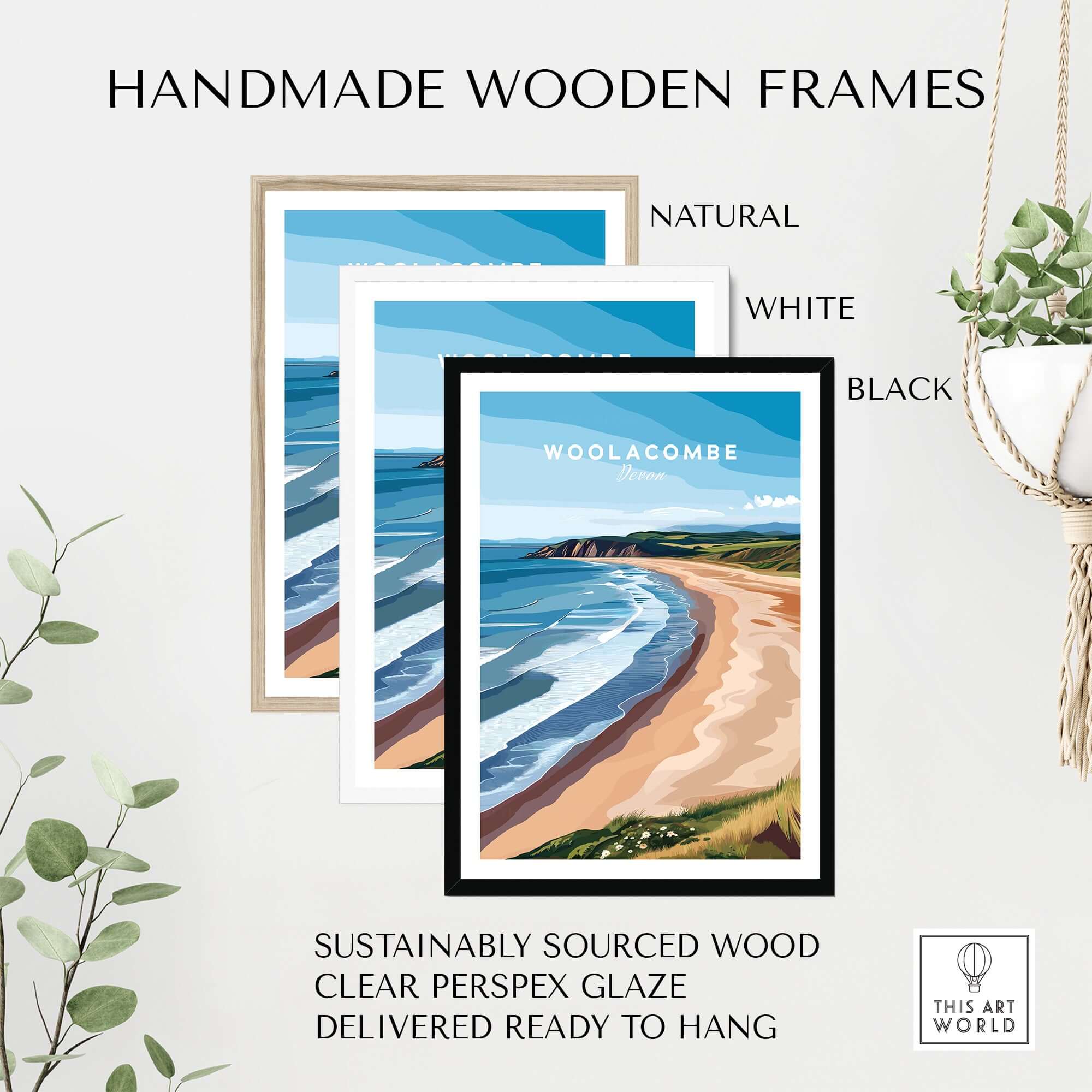 Woolacombe Devon Long Beach Sunset Poster - Rolling Waves Print in three handmade wooden frames.