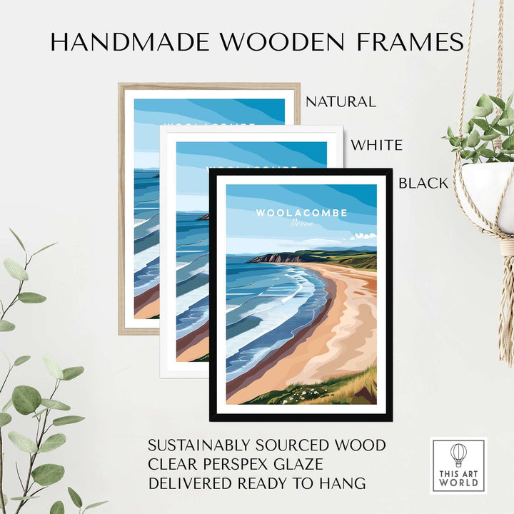 Handmade wooden frames in natural, white, and black finishes displaying Woolacombe Devon beach print.