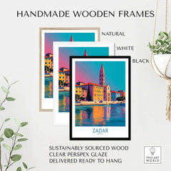 Zadar Croatia Art Print displayed in three handmade wooden frames: natural, white, and black with vibrant colors.