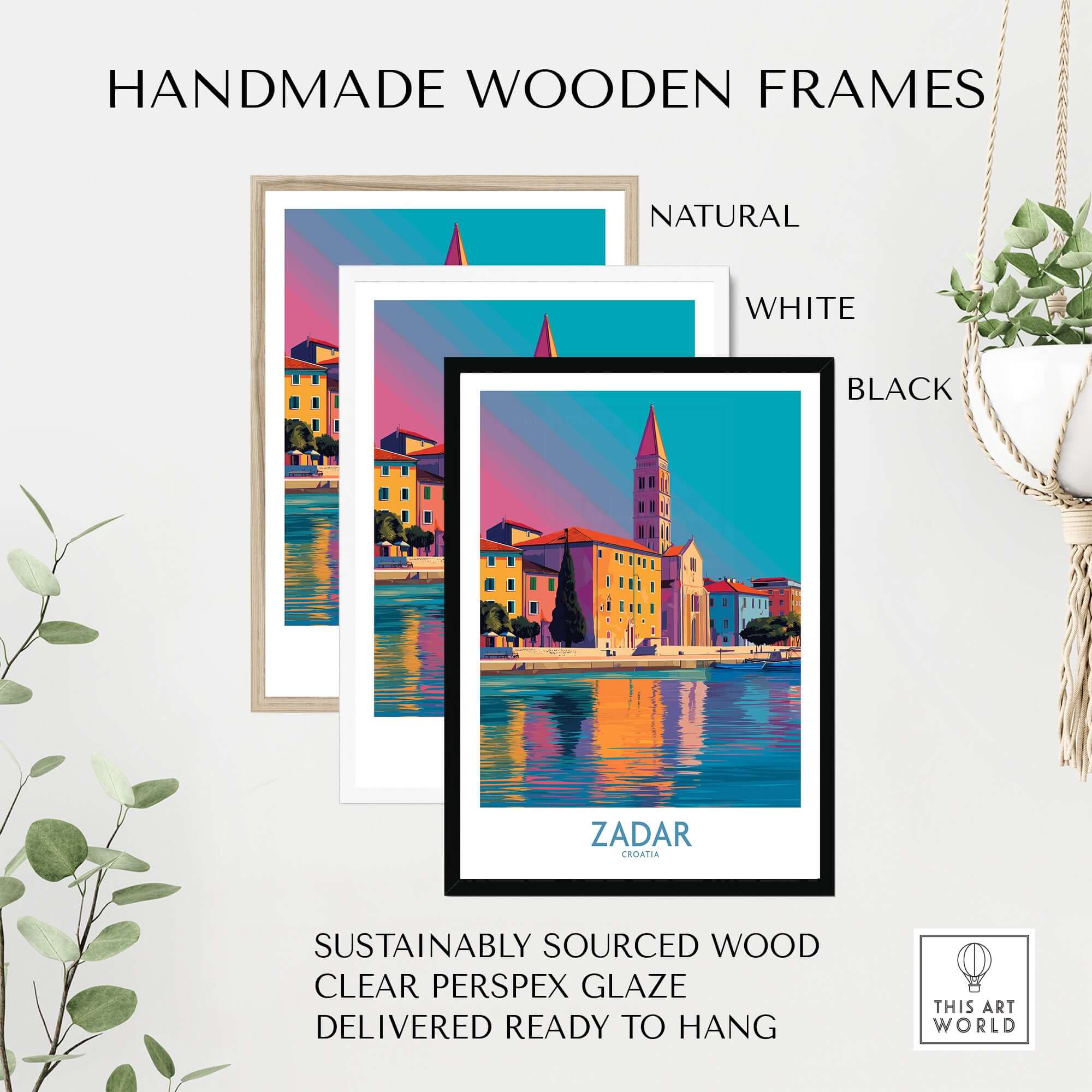 Zadar Croatia Art Print displayed in three handmade wooden frames: natural, white, and black with vibrant colors.