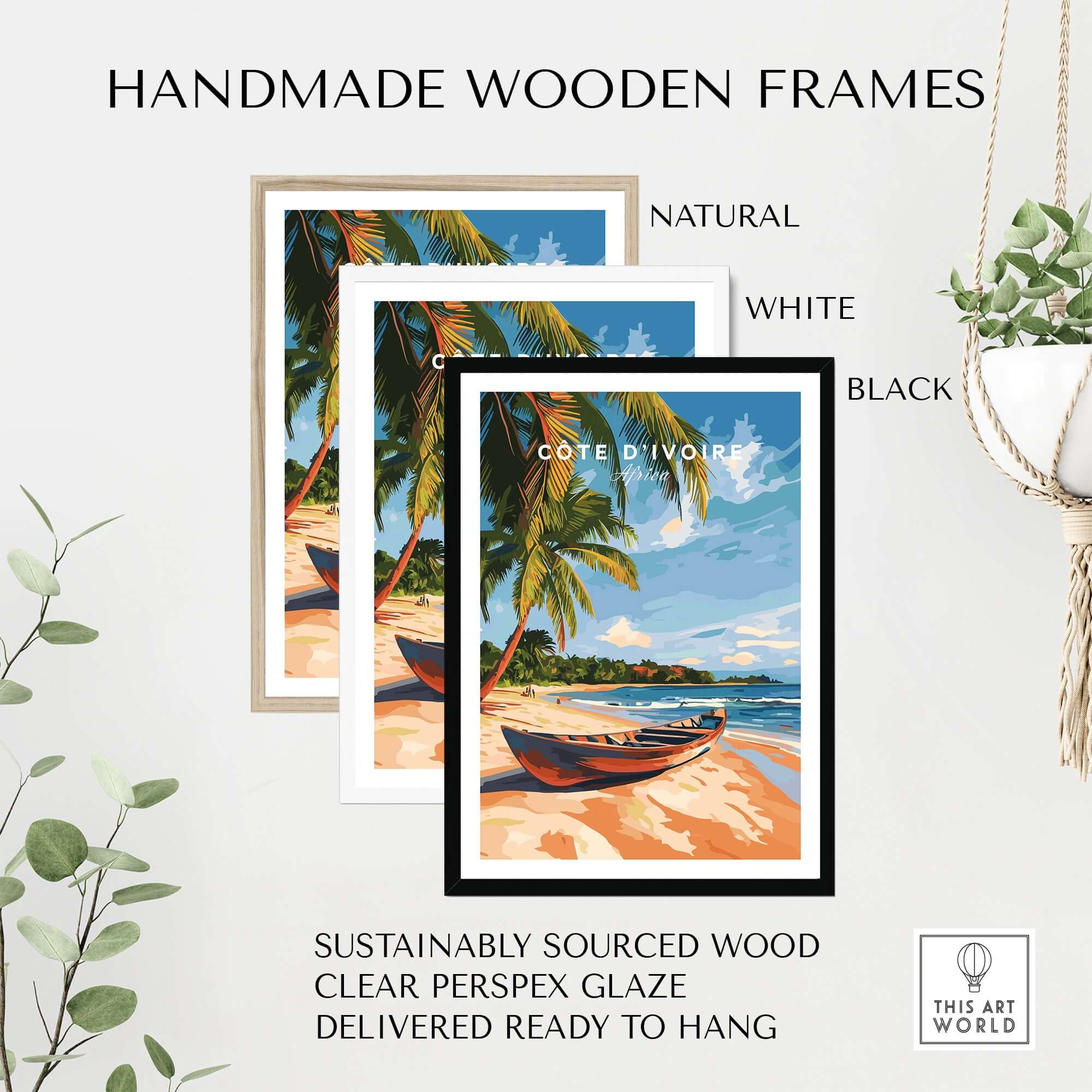 Côte d'Ivoire Beach Wall Art in handmade wooden frames, showcasing natural, white, and black options.