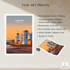Agadir Travel Poster – Morocco Beach Print fine art print specifications: giclee printing on 200gsm museum quality matte paper, ready to frame