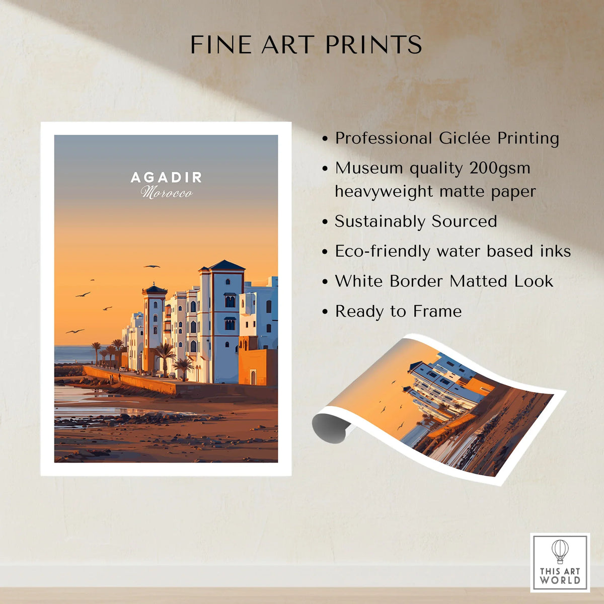 Agadir Travel Poster – Morocco Beach Print fine art print specifications: giclee printing on 200gsm museum quality matte paper, ready to frame