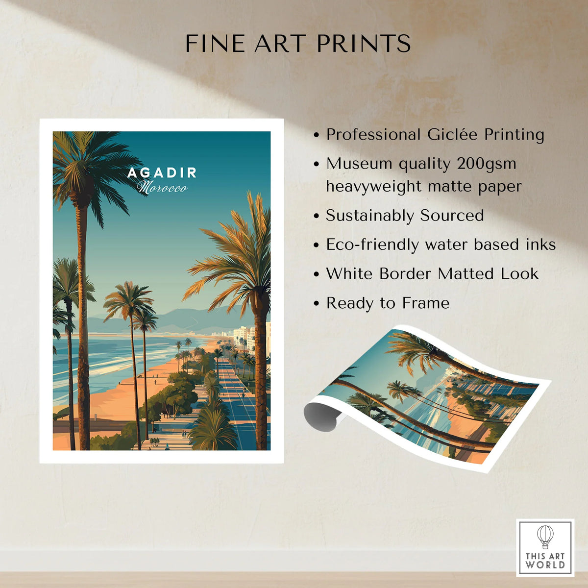 Agadir Travel Poster Print Morocco - Palm Trees fine art print specifications: giclee printing on 200gsm museum quality matte paper, ready to frame