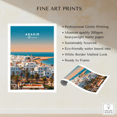 Agadir Travel Poster – City Skyline fine art print specifications: giclee printing on 200gsm museum quality matte paper, ready to frame
