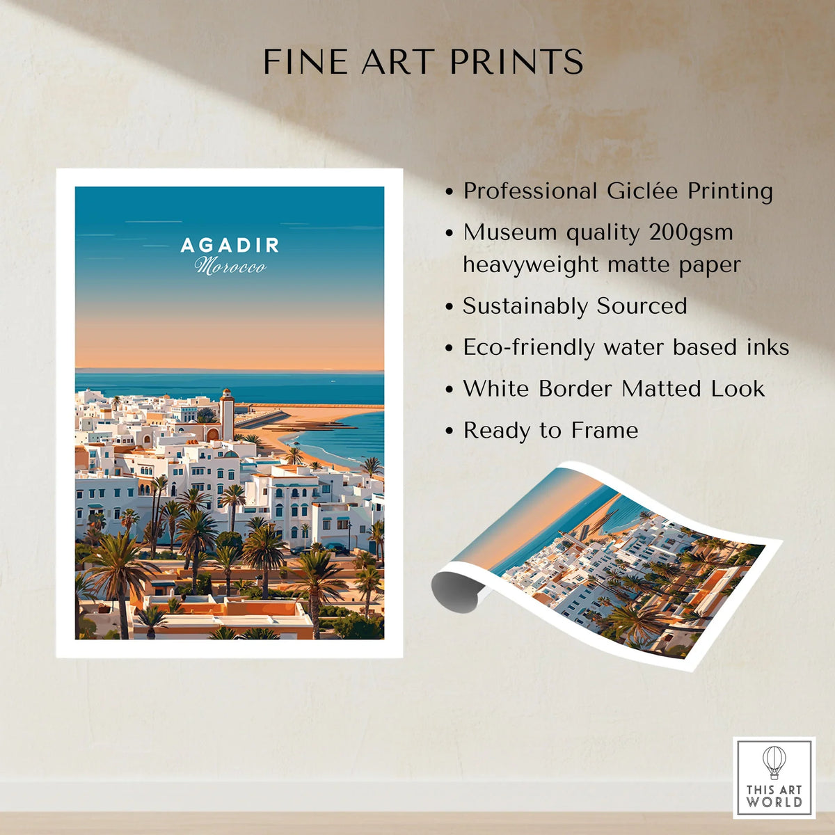 Agadir Travel Poster – City Skyline fine art print specifications: giclee printing on 200gsm museum quality matte paper, ready to frame