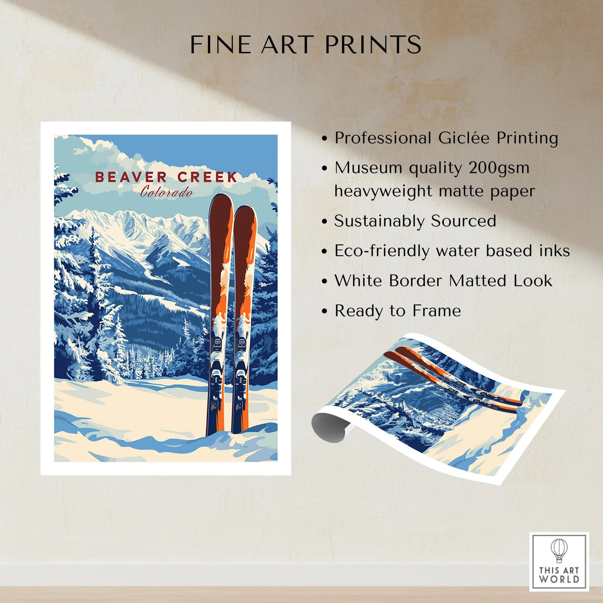 Beaver Creek Colorado Ski Poster - Rocky Mountain Winter Art Print fine art print specifications: giclee printing on 200gsm museum quality matte paper, ready to frame