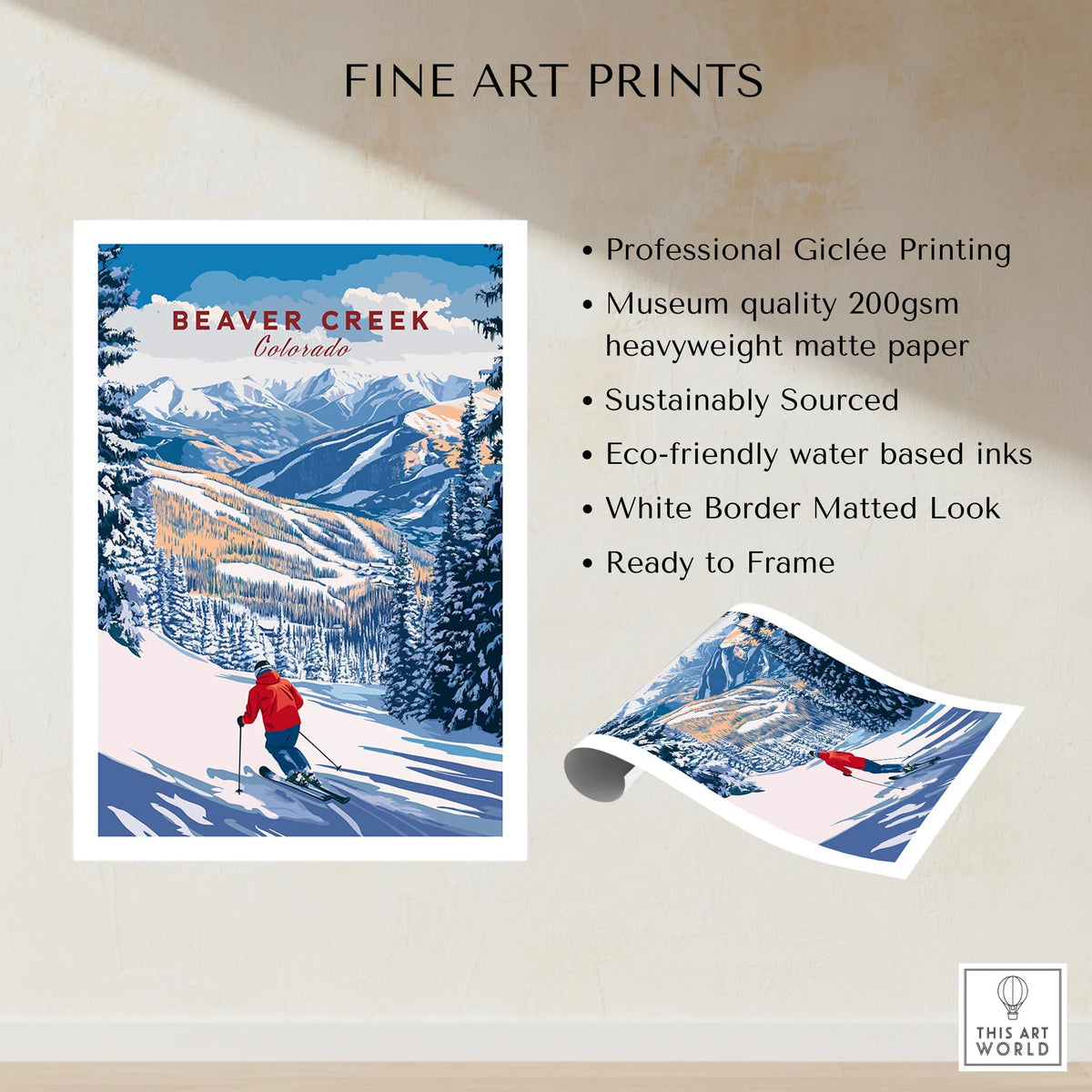 Beaver Creek Colorado Downhill Skier Poster - Winter Sports Wall Art fine art print specifications: giclee printing on 200gsm museum quality matte paper, ready to frame