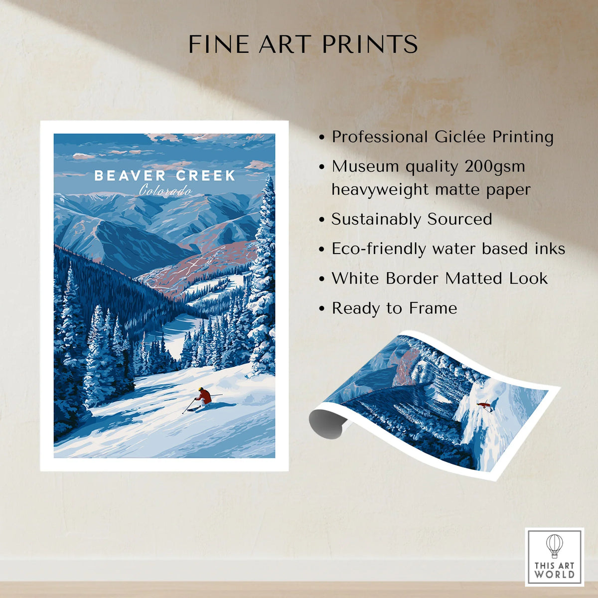 Beaver Creek Colorado Solo Skier Wall Art - Mountain Adventure Print fine art print specifications: giclee printing on 200gsm museum quality matte paper, ready to frame