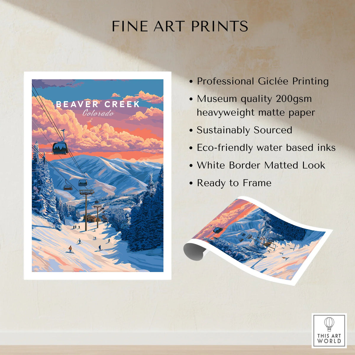 Beaver Creek Colorado Ski Lift Sunset Print - Mountain Gondola Wall Art fine art print specifications: giclee printing on 200gsm museum quality matte paper, ready to frame