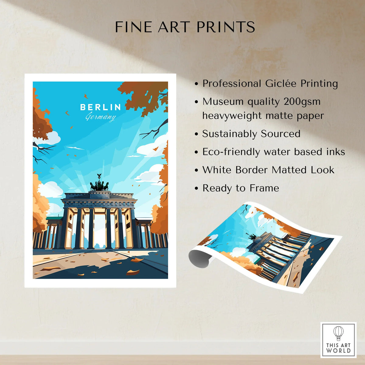 Berlin Poster Blue Sky fine art print specifications: giclee printing on 200gsm museum quality matte paper, ready to frame