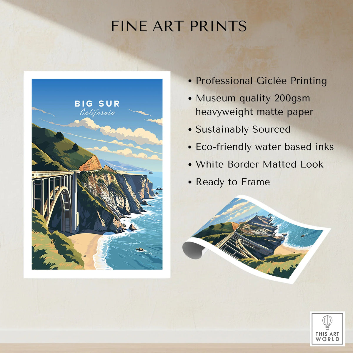 Big Sur Print fine art print specifications: giclee printing on 200gsm museum quality matte paper, ready to frame